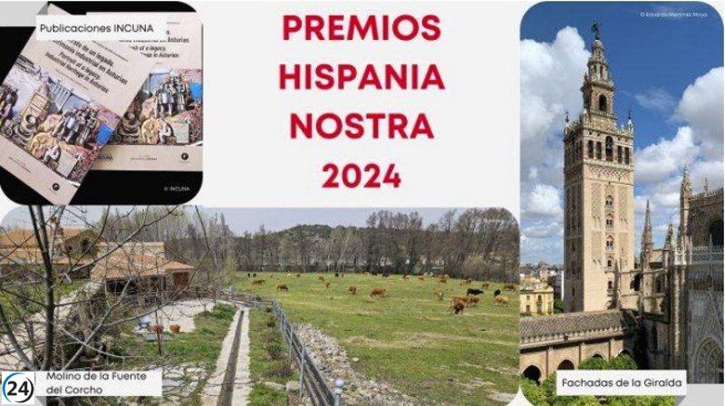 Monumentos reconocidos con premios de Hispania Nostra en 2024: La Giralda de Sevilla y un molino de Ávila.