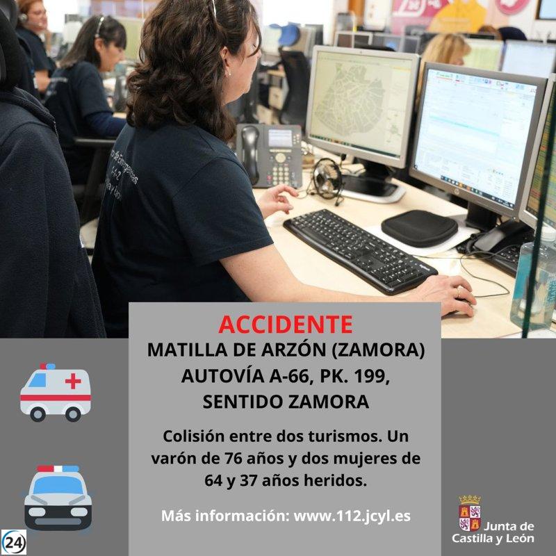 Accidente en la A-66 en Matilla de Arzón deja tres heridos tras colisión de dos vehículos.