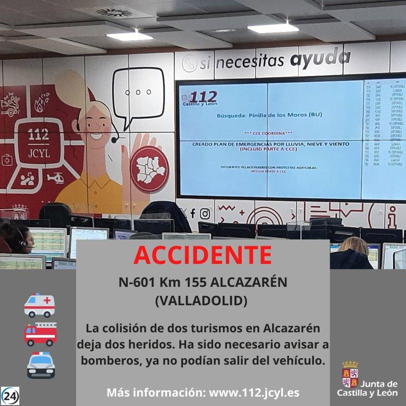 Accidente en N-601 en Alcazarén deja dos heridos en choque de turismos