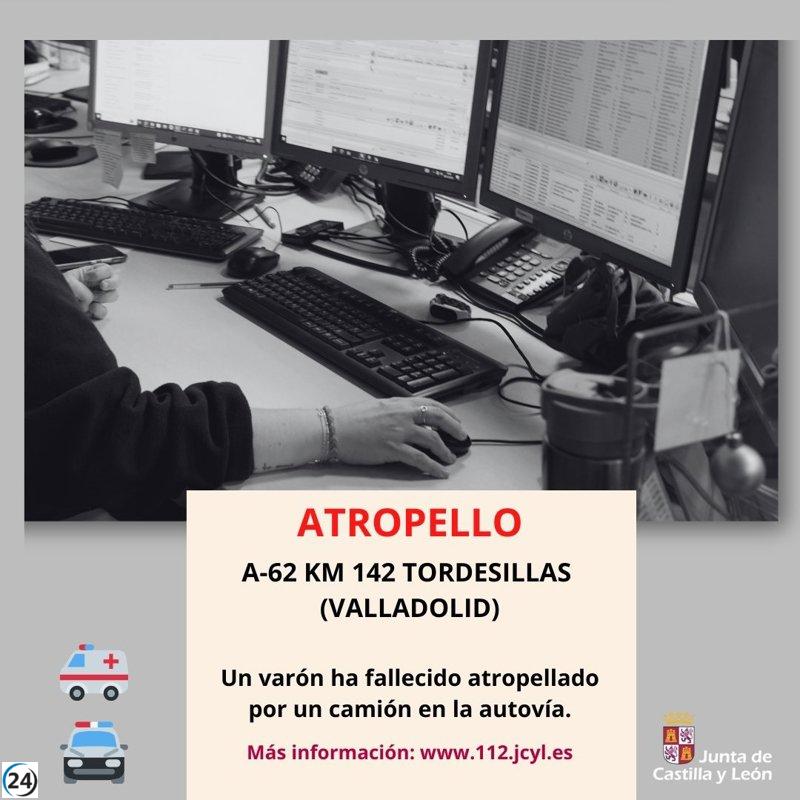 Hombre muere al ser arrollado por un camión en la A-62 de Tordesillas.