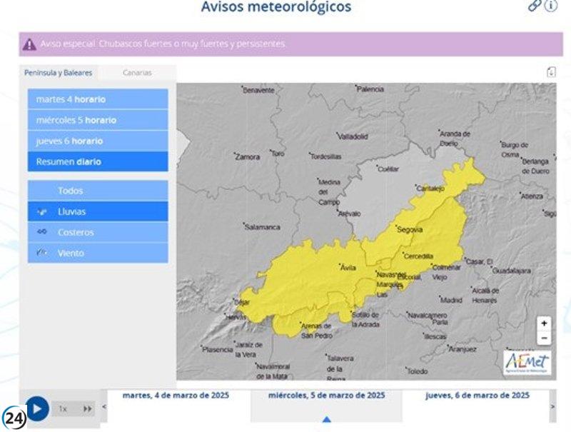 La Aemet advierte sobre lluvias continuas en el Sistema Central durante los próximos días.
