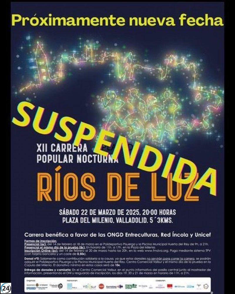 Suspendida la carrera nocturna Ríos de Luz en Valladolid por condiciones climáticas adversas.