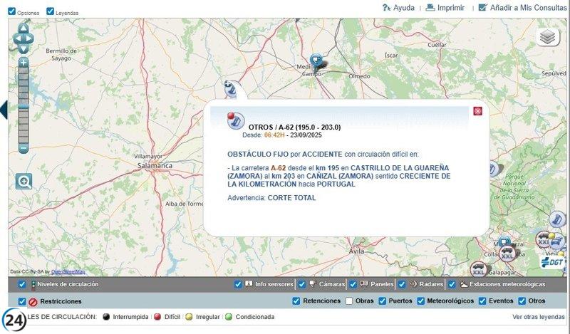 Cierre de la A-62 en Cañizal hacia Portugal tras accidente de camión.