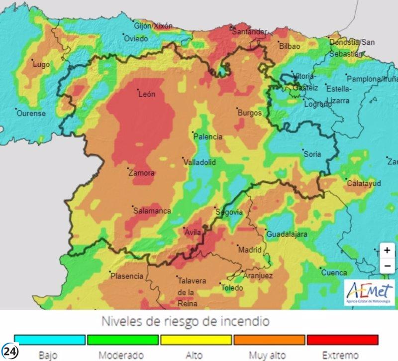 Alto riesgo de incendio este sábado en CyL, especialmente en comarcas de León, Valladolid, Zamora y Ávila.