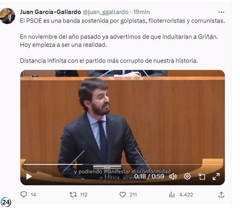 Gallardo persiste en su advertencia del indulto a Griñán y señala la asociación del PSOE con golpistas.