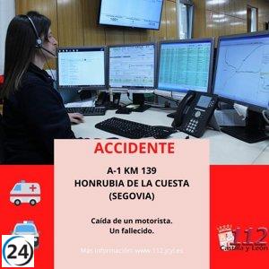 Trágica muerte de un motociclista en un fatal accidente en la A-1 en Honrubia de la Cuesta
